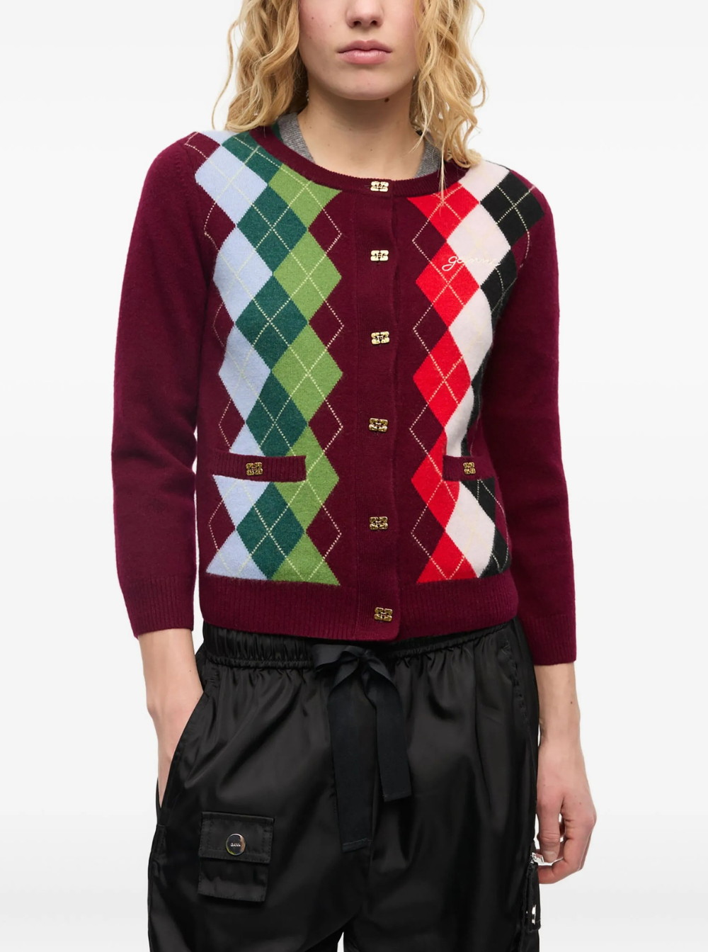 Ganni Women Multicolor Crewneck Cardigan With Jewel Buttons And Gemetric Motif On The Front In Wool And Cashmere Woman by Luosophy