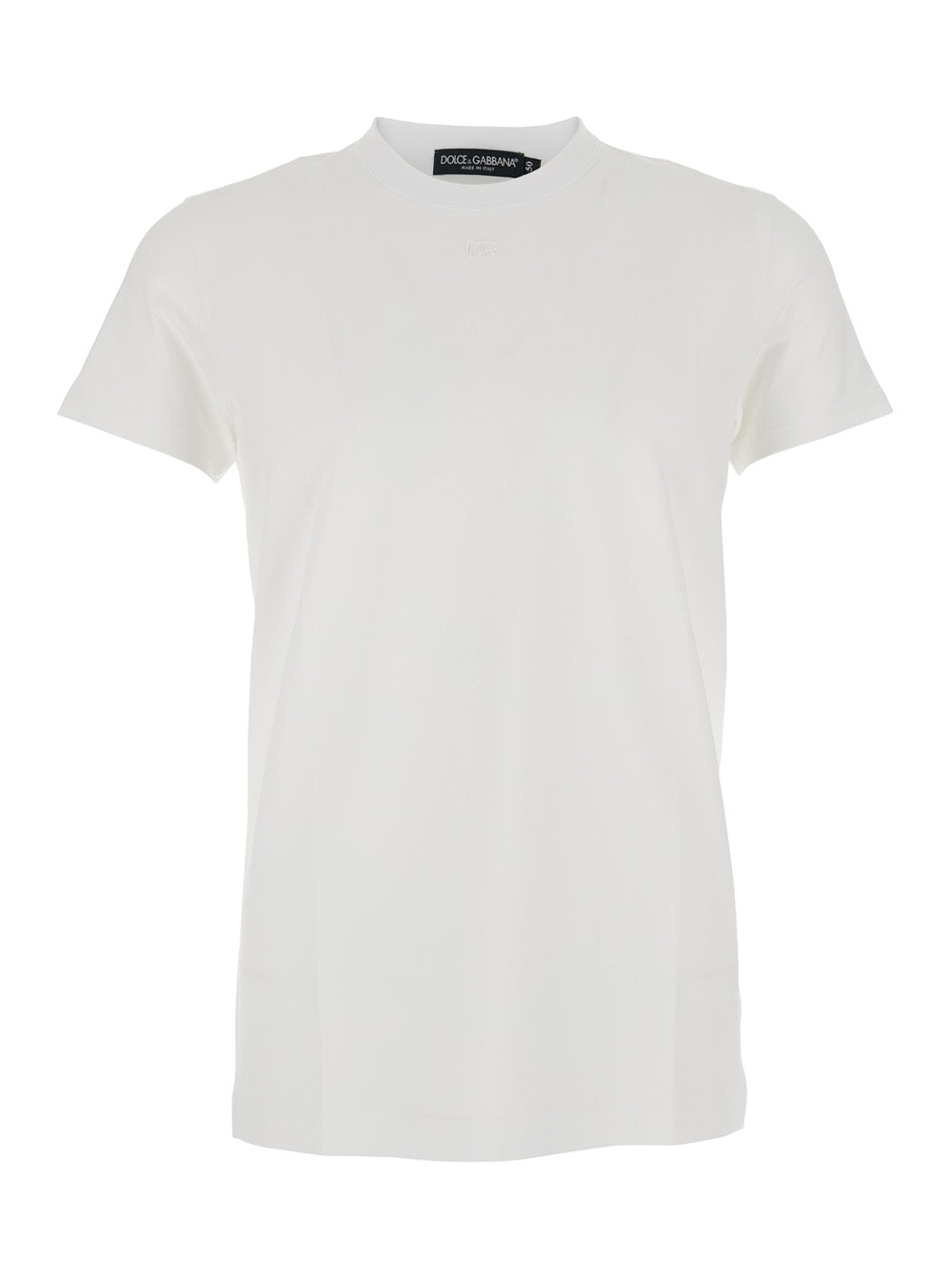 Dolce &amp; Gabbana Men White Crewneck T-Shirt With Tonal Logo Lettering Embroidery On The Front In Cotton Stretch Man by Luosophy