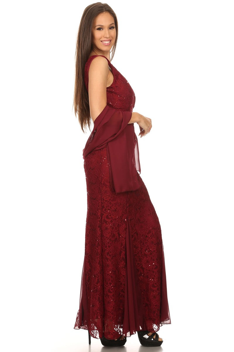CLEARANCE - Eureka 2030J V-Neck Long Lace Gown Includes Jacket (Size 3XL) by DiscountDressShop