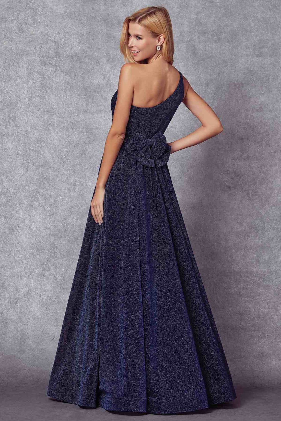Juliet 205 Long One Shoulder Sleeveless Glitter Gown by DiscountDressShop