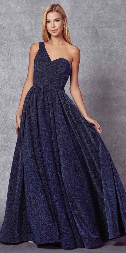 Juliet 205 Long One Shoulder Sleeveless Glitter Gown by DiscountDressShop