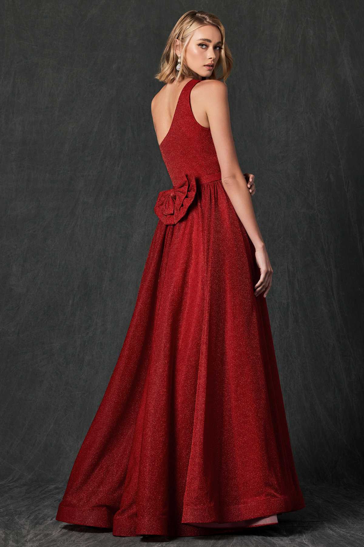 Juliet 205 Long One Shoulder Sleeveless Glitter Gown by DiscountDressShop