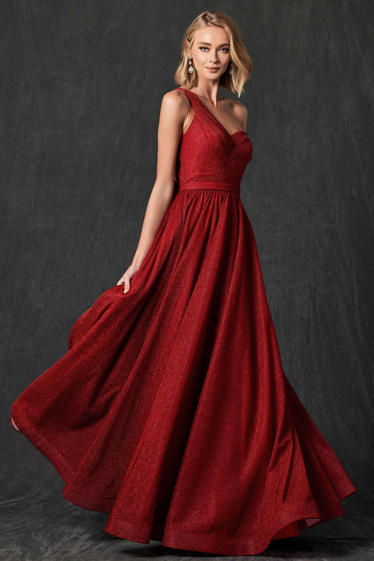 Juliet 205 Long One Shoulder Sleeveless Glitter Gown by DiscountDressShop