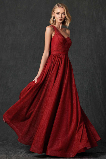 Juliet 205 Long One Shoulder Sleeveless Glitter Gown by DiscountDressShop