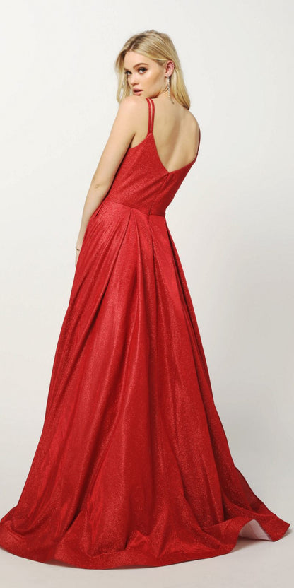 Juliet 206 Long A-Line Glitter Gown Side Pockets by DiscountDressShop