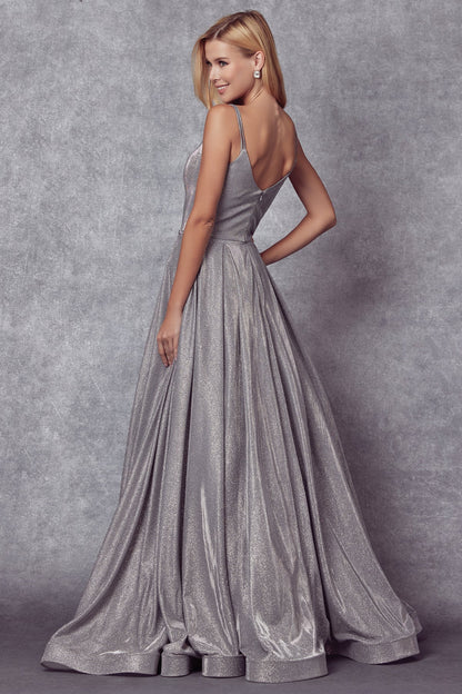 Juliet 206 Long A-Line Glitter Gown Side Pockets by DiscountDressShop