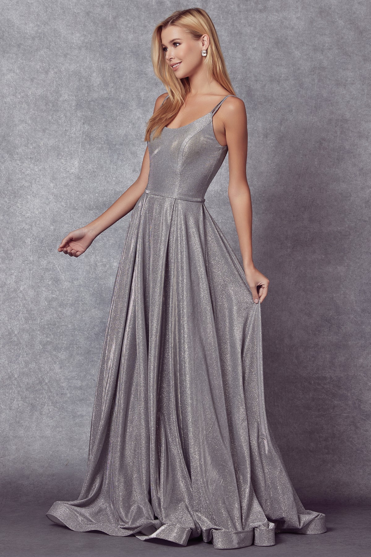 Juliet 206 Long A-Line Glitter Gown Side Pockets by DiscountDressShop