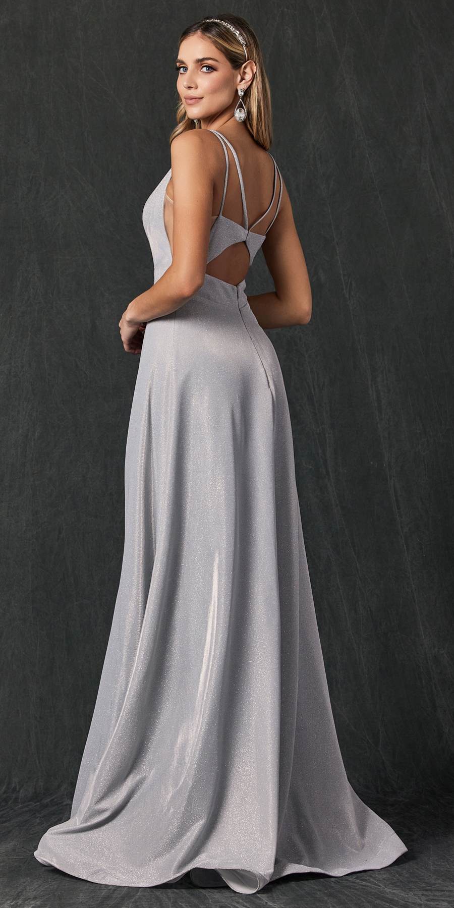 Juliet 208 Cut-Out Strappy Back Glitter Long Dress by DiscountDressShop