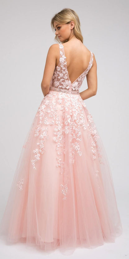 Juliet 224 V-Neck and Back Embroidered Tulle A-Line Ball Gown by DiscountDressShop