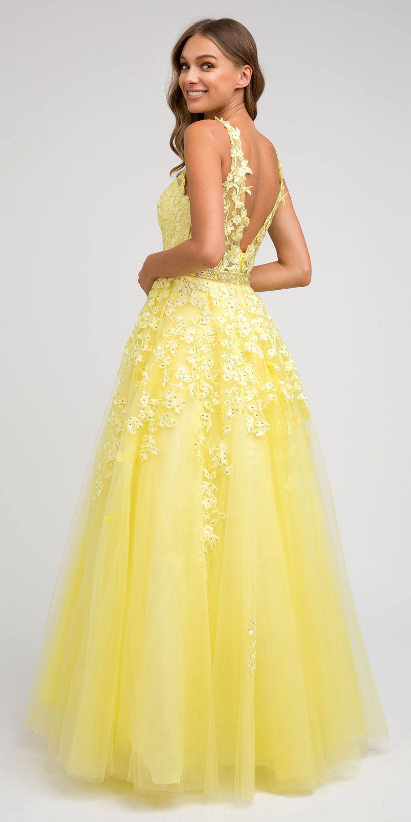 Juliet 224 V-Neck and Back Embroidered Tulle A-Line Ball Gown by DiscountDressShop