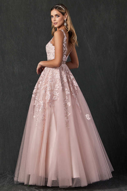 Juliet 224 V-Neck and Back Embroidered Tulle A-Line Ball Gown by DiscountDressShop