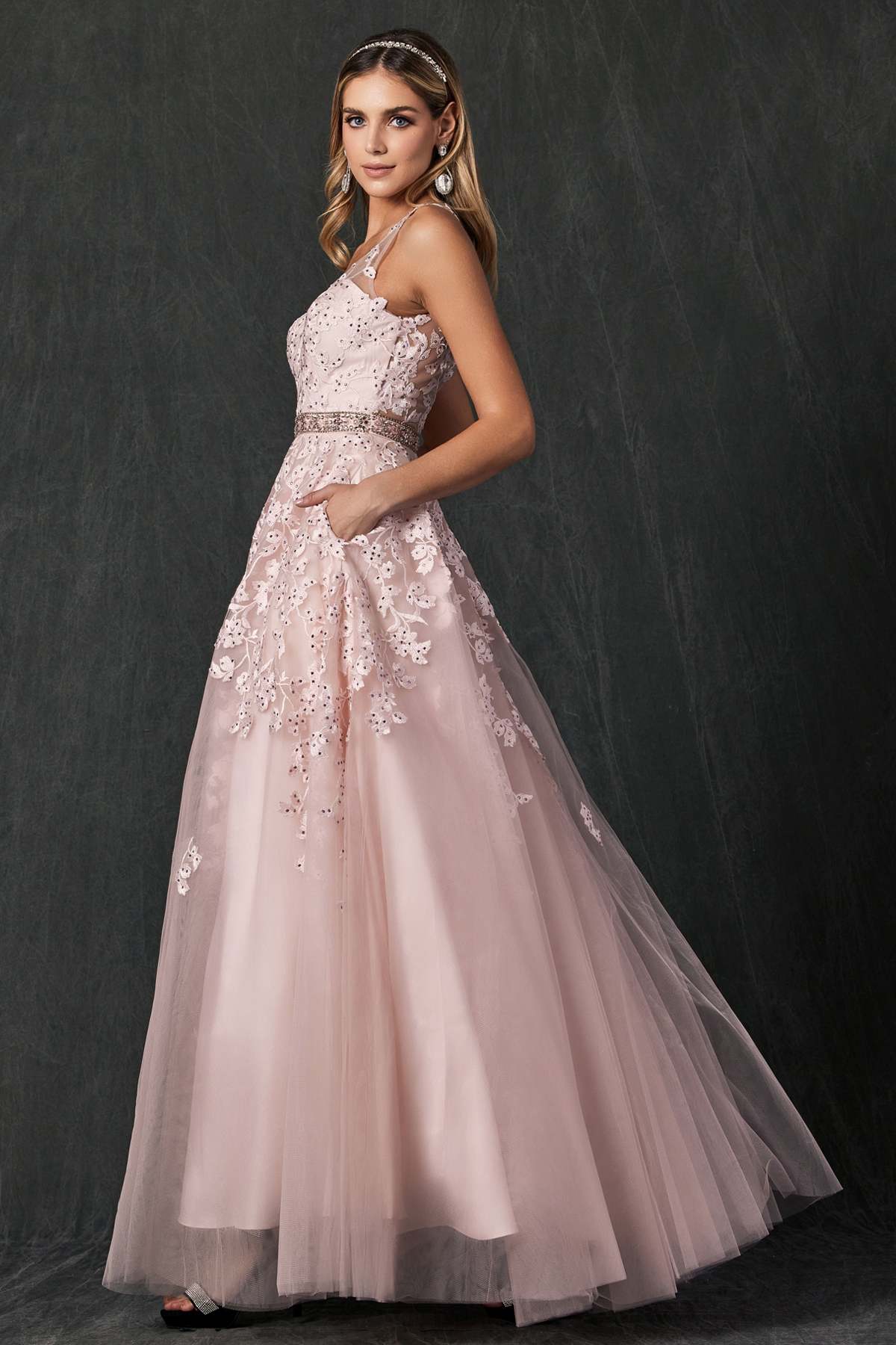 Juliet 224 V-Neck and Back Embroidered Tulle A-Line Ball Gown by DiscountDressShop