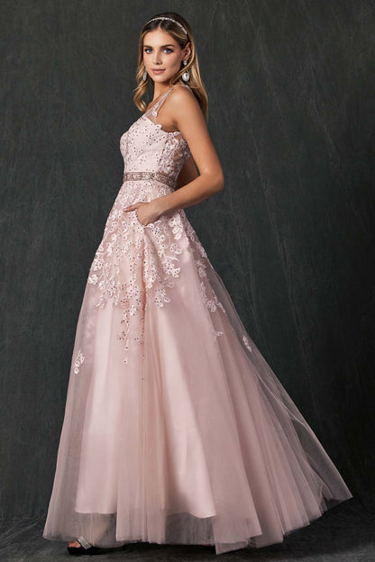 Juliet 224 V-Neck and Back Embroidered Tulle A-Line Ball Gown by DiscountDressShop