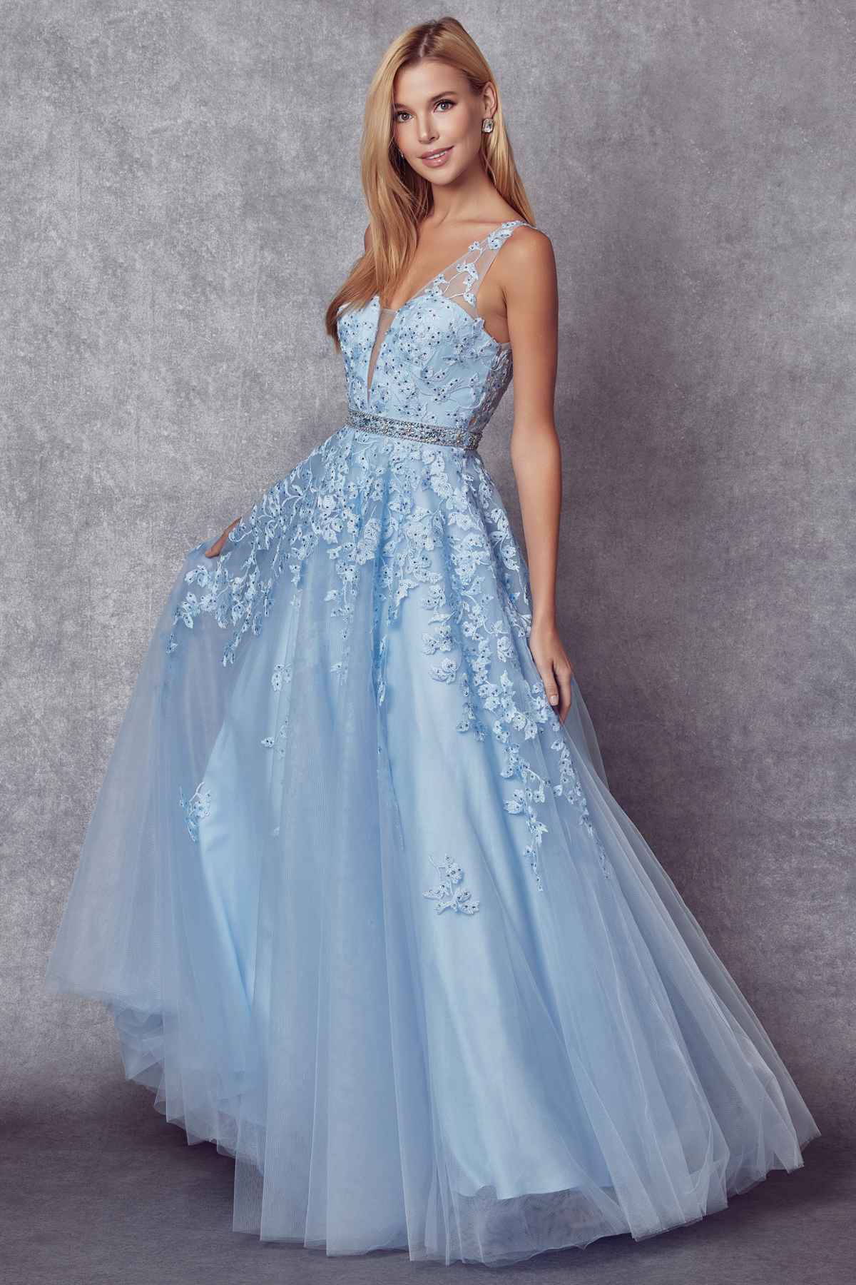 Juliet 224 V-Neck and Back Embroidered Tulle A-Line Ball Gown by DiscountDressShop