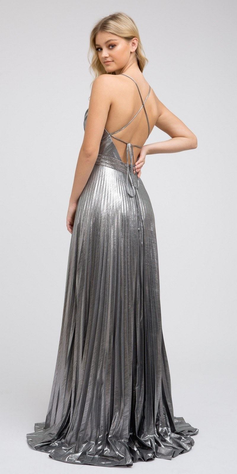 Juliet 226 Metallic Pleated Long Dress A-Line Lace-Up Back by DiscountDressShop