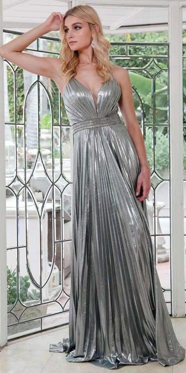 Juliet 226 Metallic Pleated Long Dress A-Line Lace-Up Back by DiscountDressShop