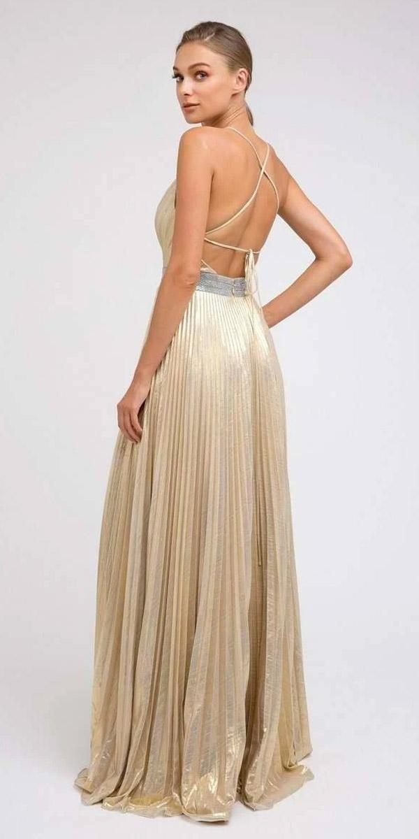 Juliet 226 Metallic Pleated Long Dress A-Line Lace-Up Back by DiscountDressShop