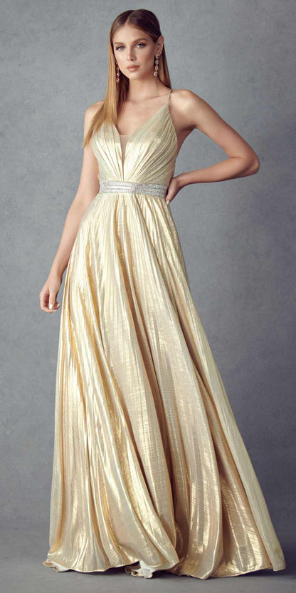 Juliet 226 Metallic Pleated Long Dress A-Line Lace-Up Back by DiscountDressShop