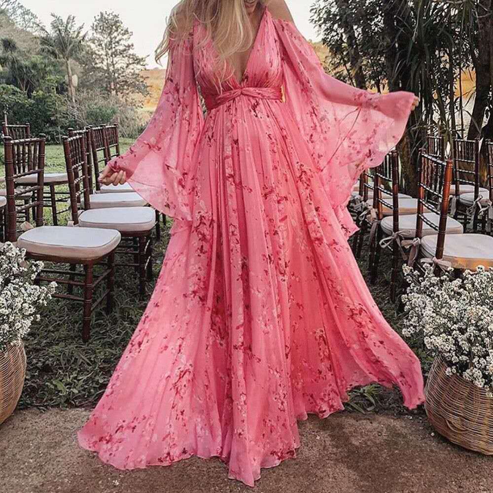 Suspender Deep V Plunge neck Printed Sexy Batwing Sleeve Pleated Mop Dress Maternity Dress Upper Lower Lining by Ragazza