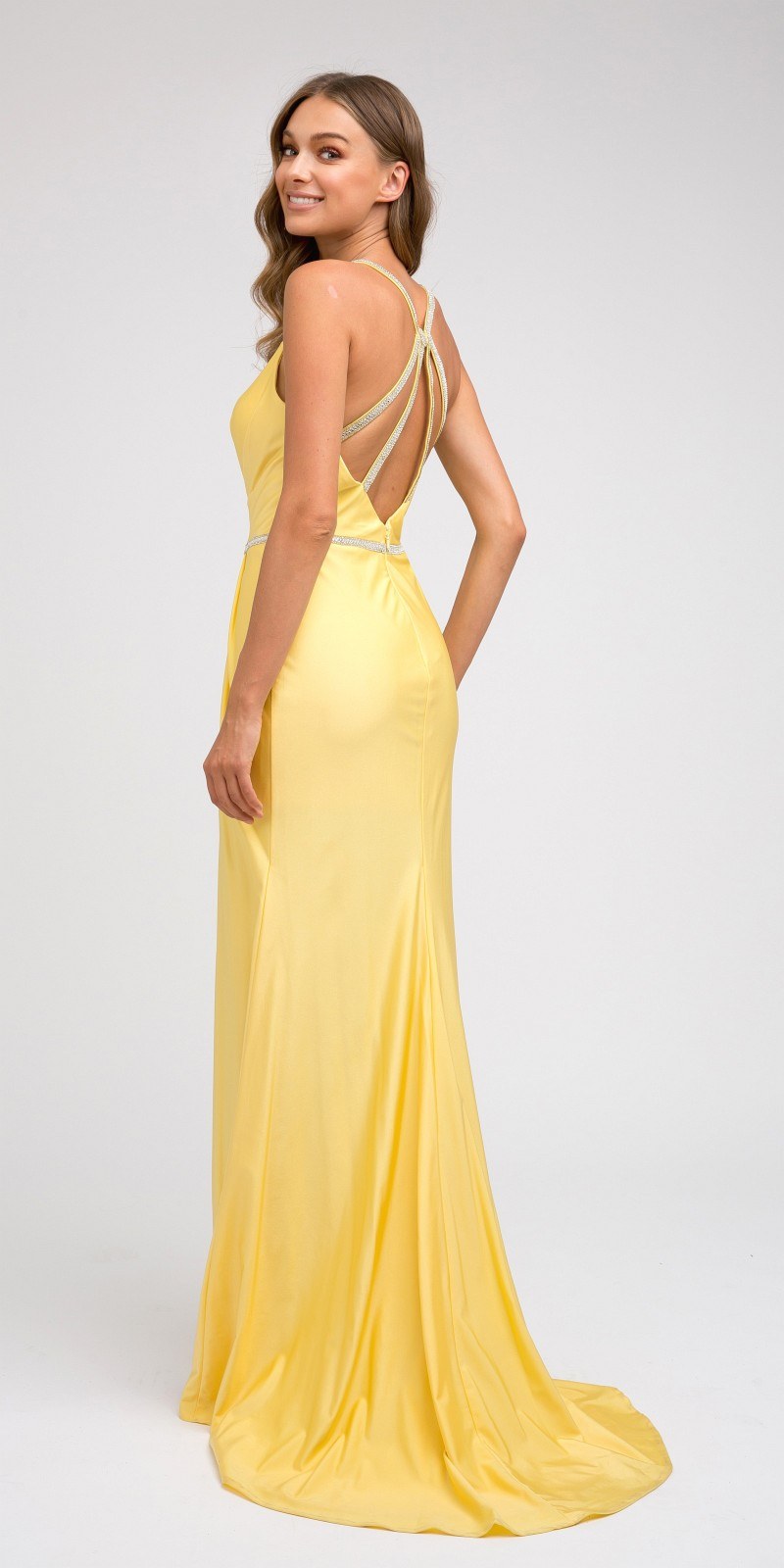 Juliet 233 Long Dress with Strappy-Back and Train by DiscountDressShop