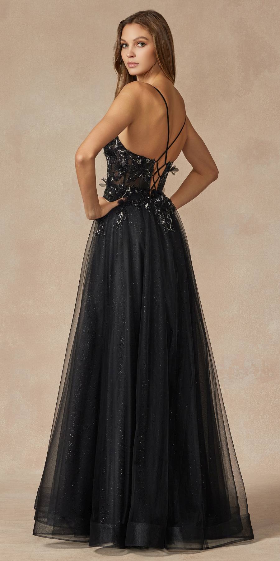 Juliet 2401 Floor Length A-Line Tulle Gown with Detachable Puff Sleeves by DiscountDressShop