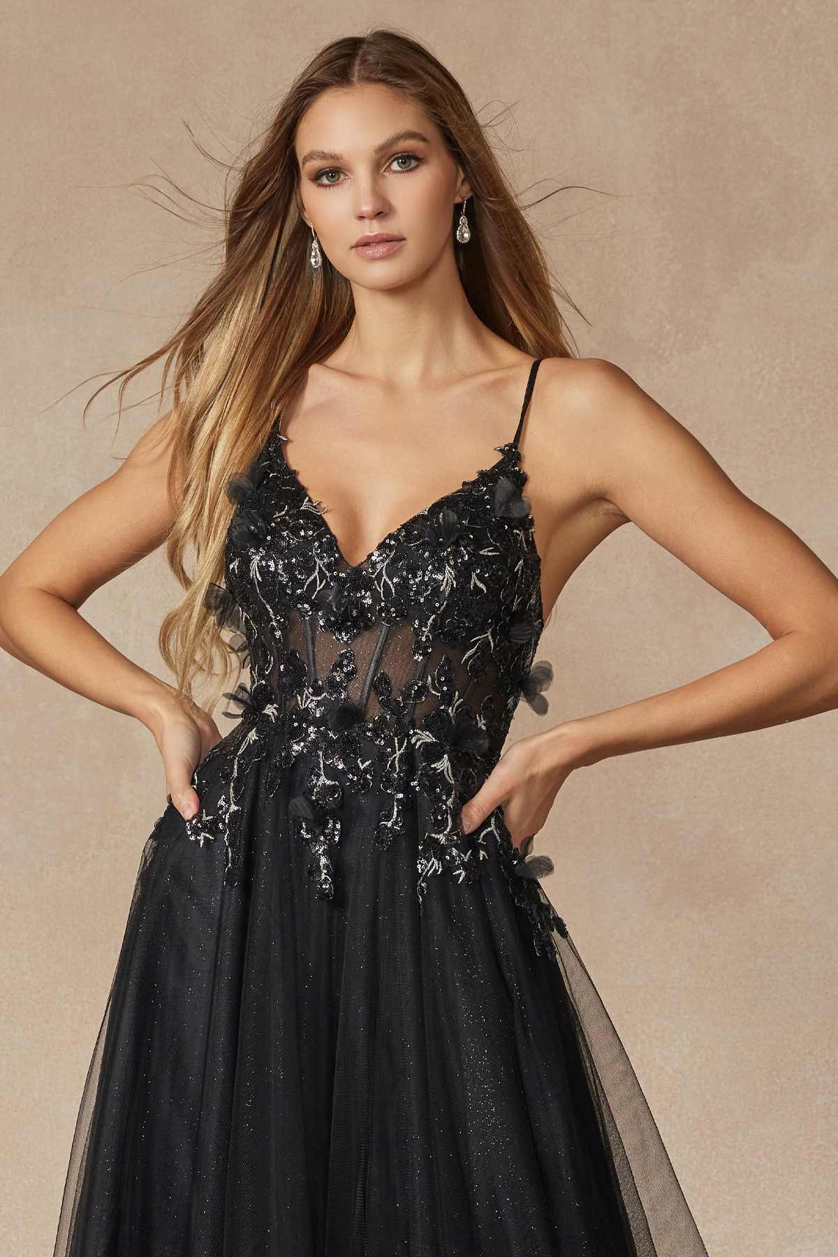 Juliet 2401 Floor Length A-Line Tulle Gown with Detachable Puff Sleeves by DiscountDressShop