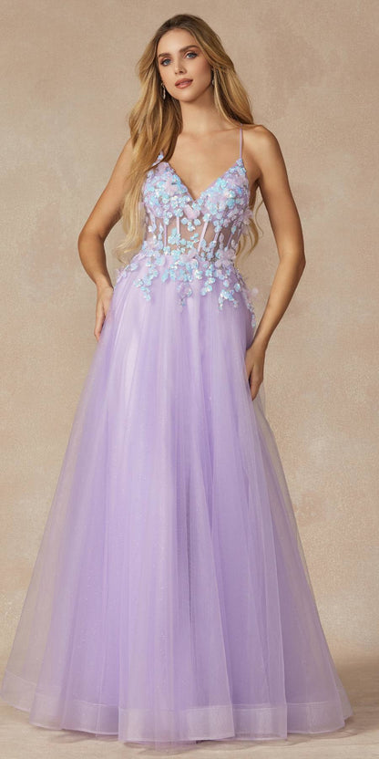 Juliet 2401 Floor Length A-Line Tulle Gown with Detachable Puff Sleeves by DiscountDressShop
