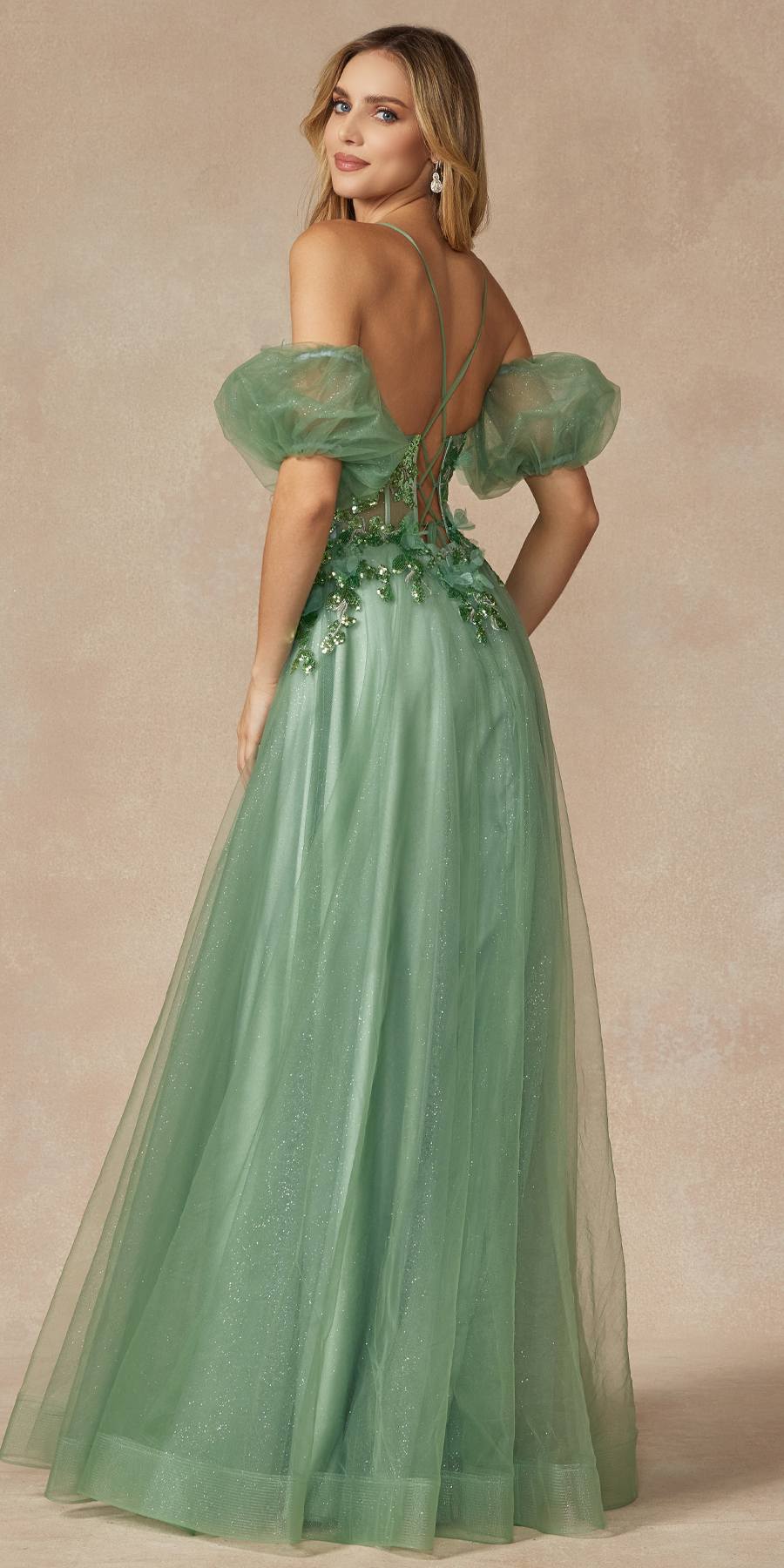 Juliet 2401 Floor Length A-Line Tulle Gown with Detachable Puff Sleeves by DiscountDressShop
