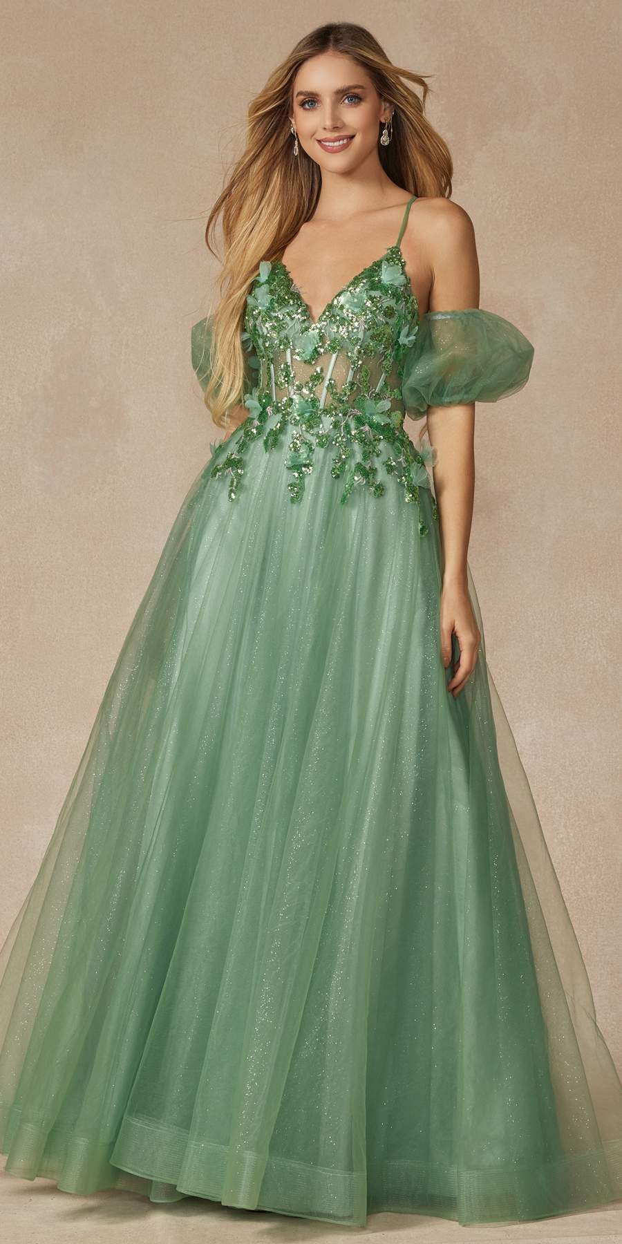 Juliet 2401 Floor Length A-Line Tulle Gown with Detachable Puff Sleeves by DiscountDressShop