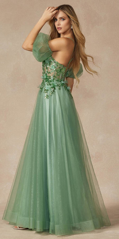 Juliet 2401 Floor Length A-Line Tulle Gown with Detachable Puff Sleeves by DiscountDressShop