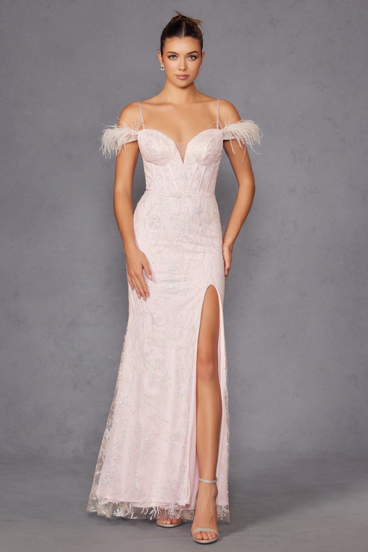 Juliet 2402 Glitter Leaf Sequin Gown with Feathered Sleeves and Slit by DiscountDressShop