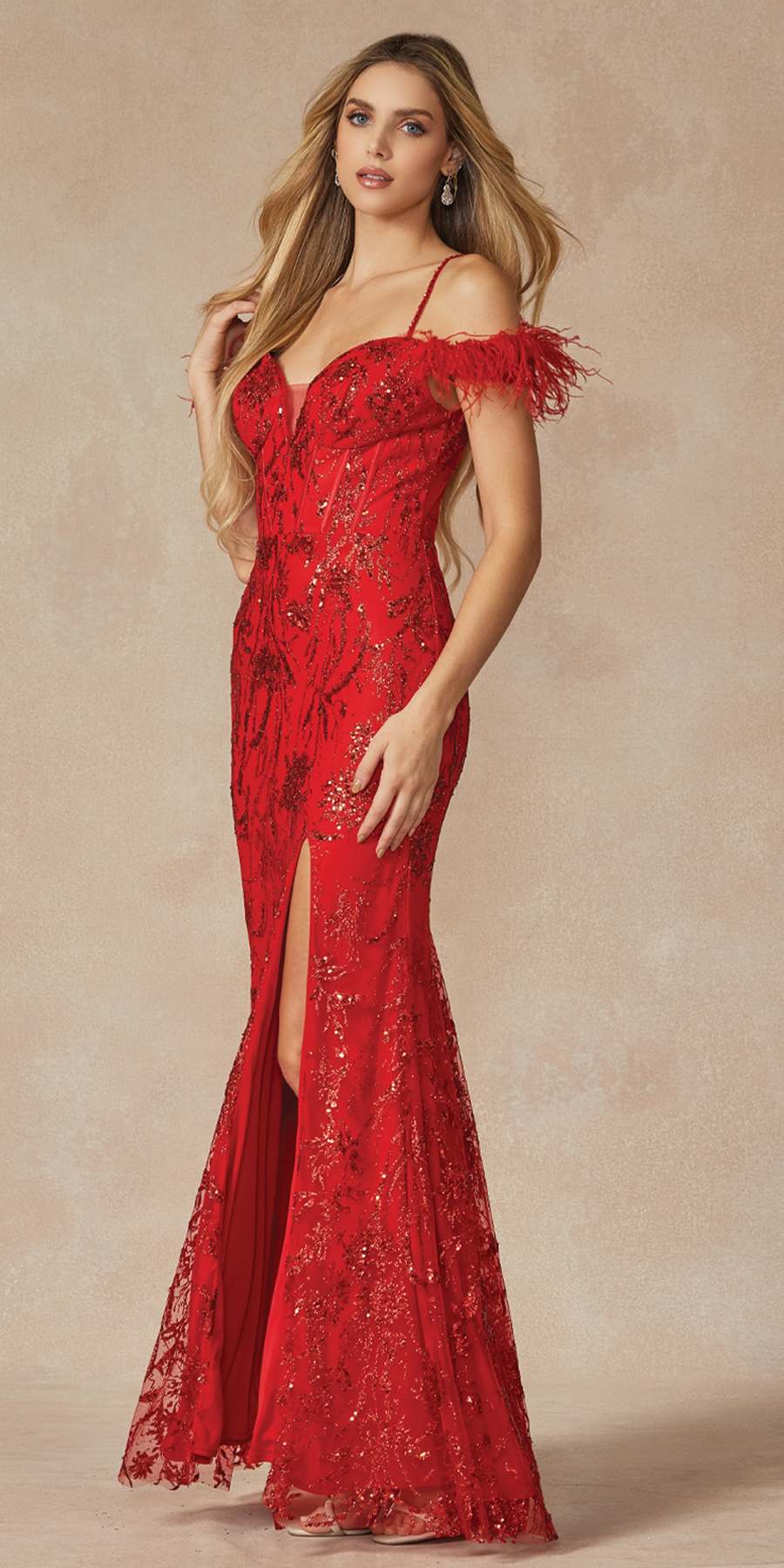 Juliet 2402 Glitter Leaf Sequin Gown with Feathered Sleeves and Slit by DiscountDressShop