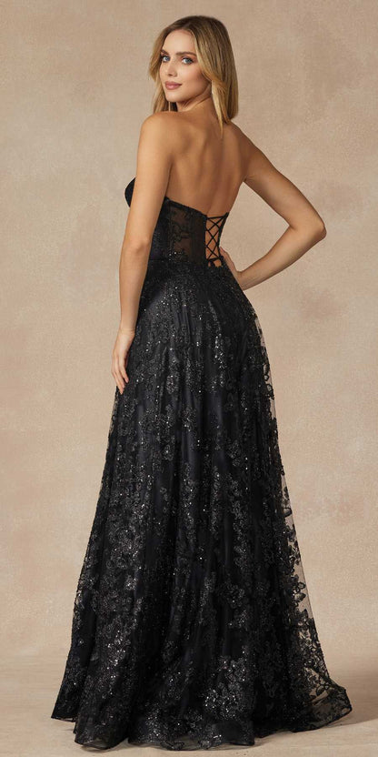 Juliet 2403 Long Butterfly Glitter Embroidered Gown with Corset Top by DiscountDressShop