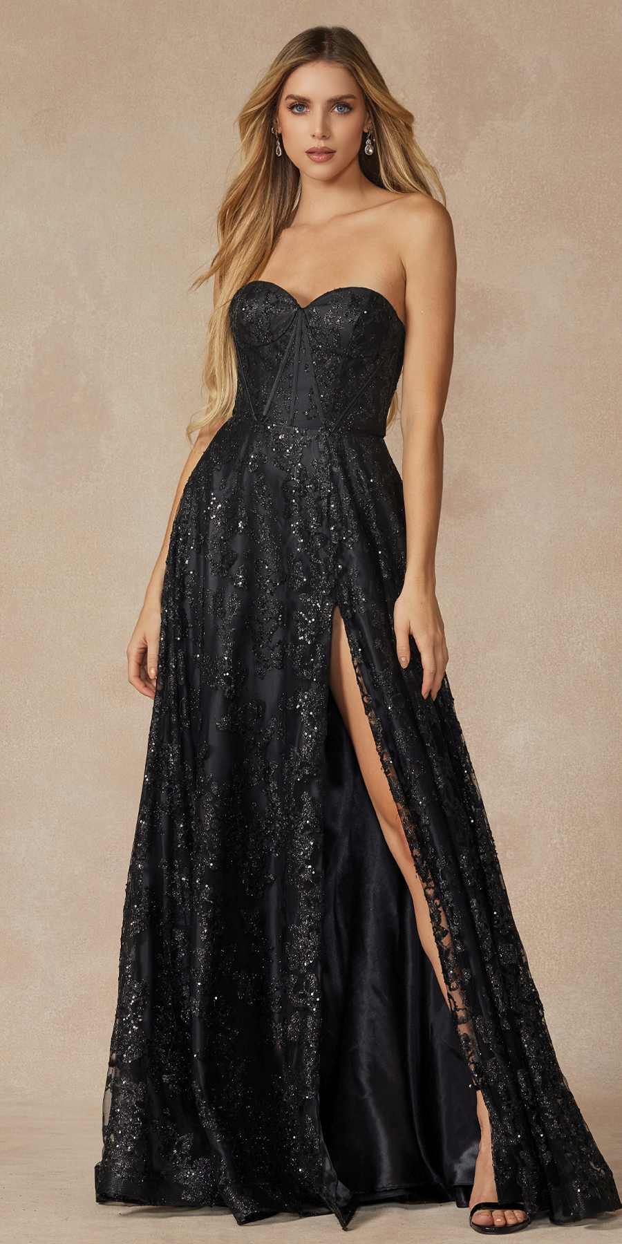 Juliet 2403 Long Butterfly Glitter Embroidered Gown with Corset Top by DiscountDressShop