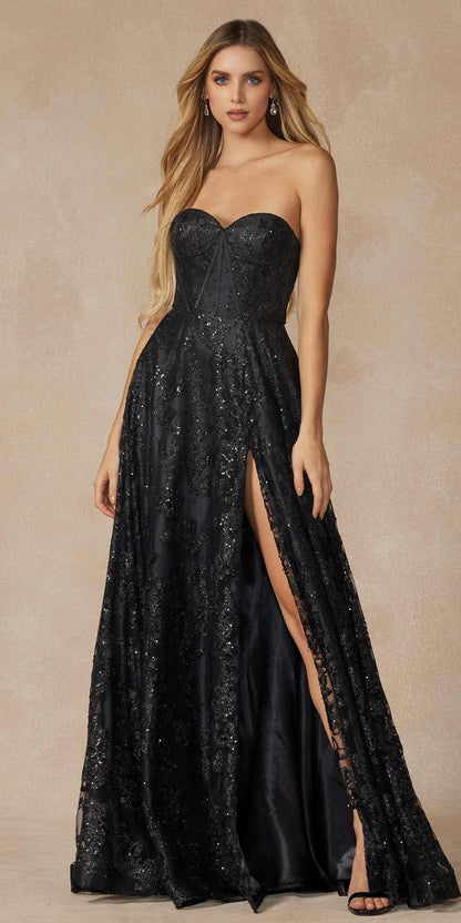 Juliet 2403 Long Butterfly Glitter Embroidered Gown with Corset Top by DiscountDressShop
