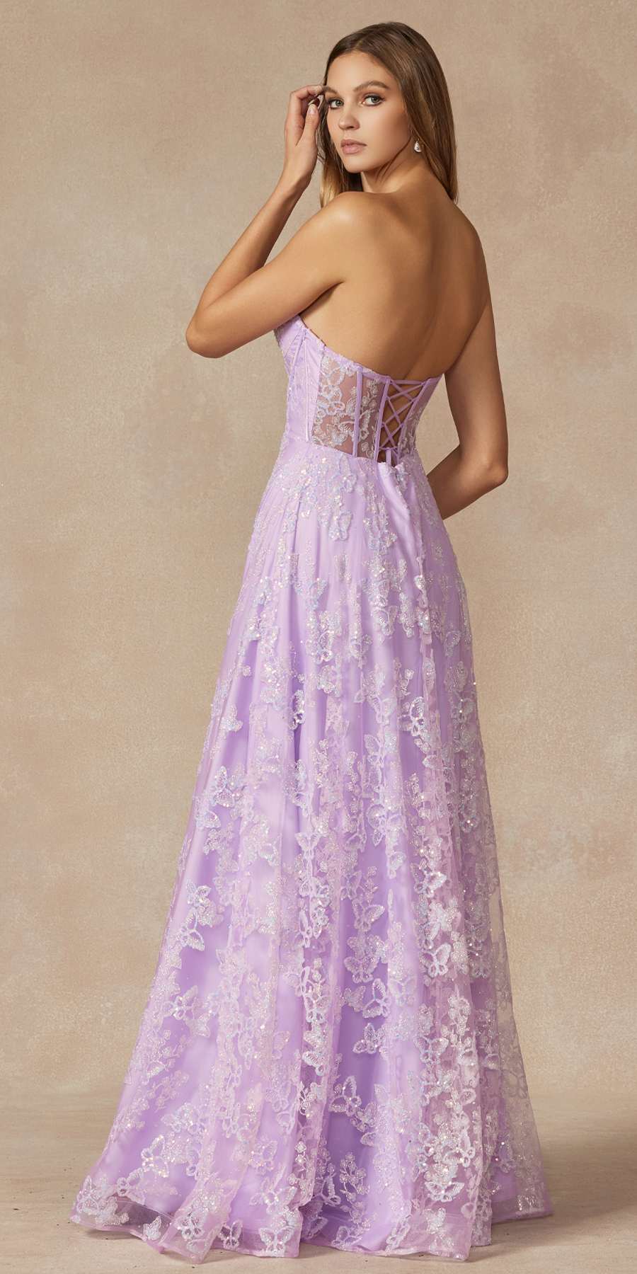 Juliet 2403 Long Butterfly Glitter Embroidered Gown with Corset Top by DiscountDressShop