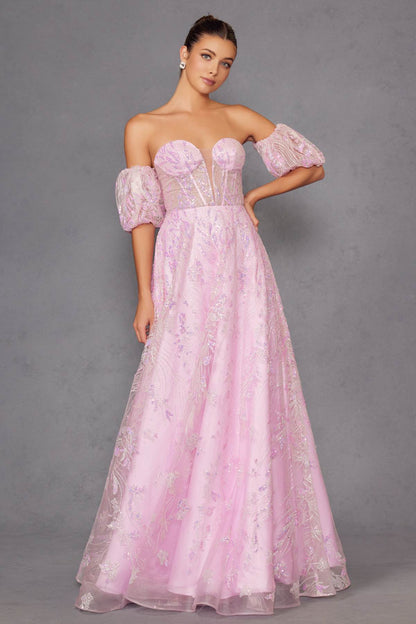 Juliet 2404 Strapless Sequin Tulle Ballgown Removable Puff Sleeves by DiscountDressShop
