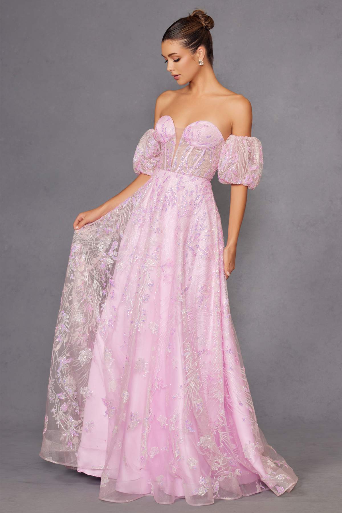 Juliet 2404 Strapless Sequin Tulle Ballgown Removable Puff Sleeves by DiscountDressShop