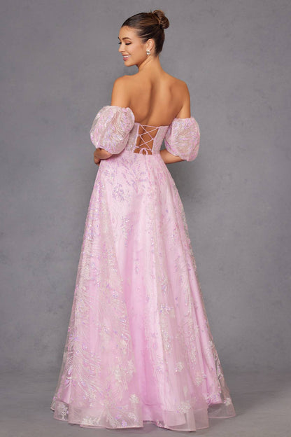 Juliet 2404 Strapless Sequin Tulle Ballgown Removable Puff Sleeves by DiscountDressShop