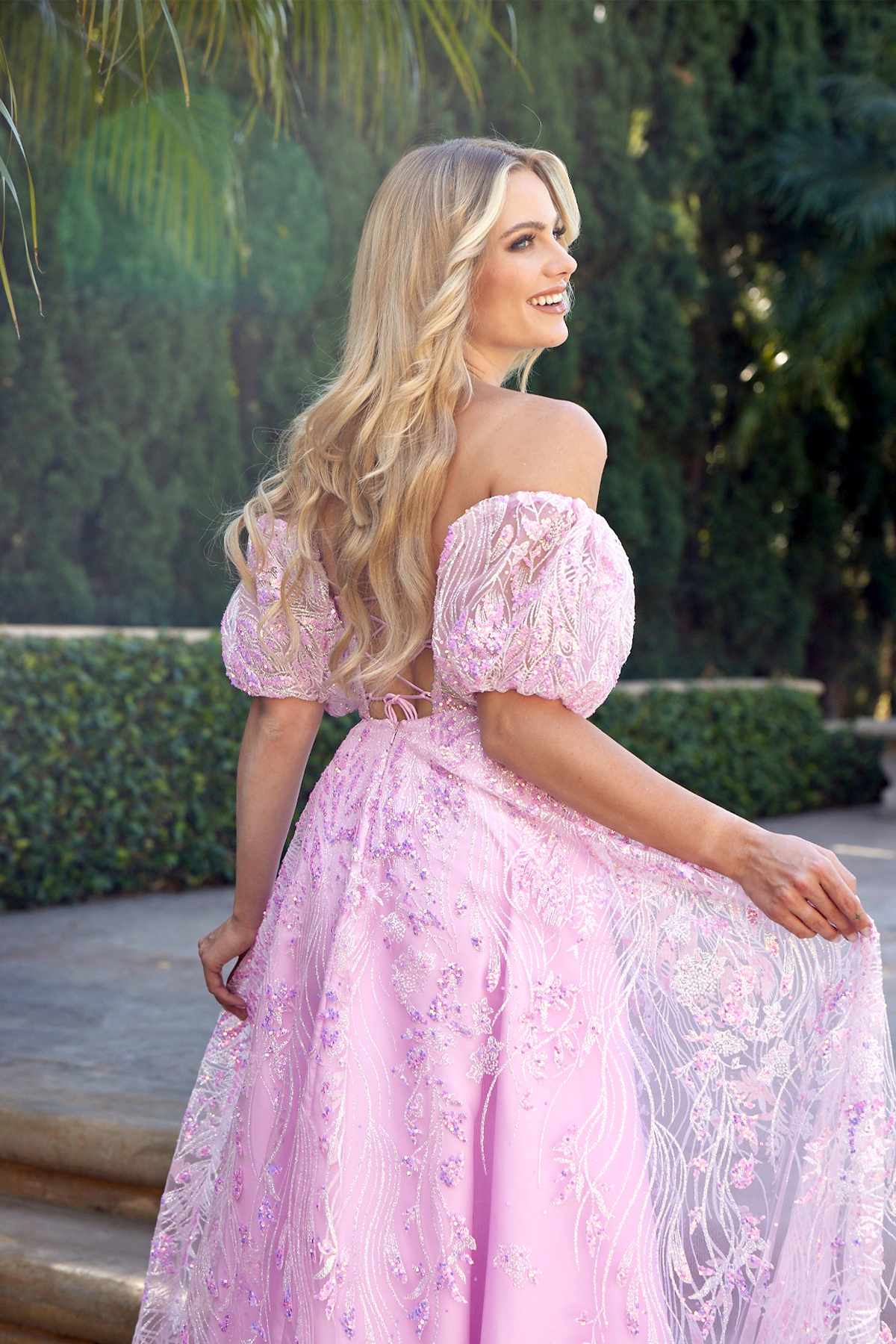 Juliet 2404 Strapless Sequin Tulle Ballgown Removable Puff Sleeves by DiscountDressShop