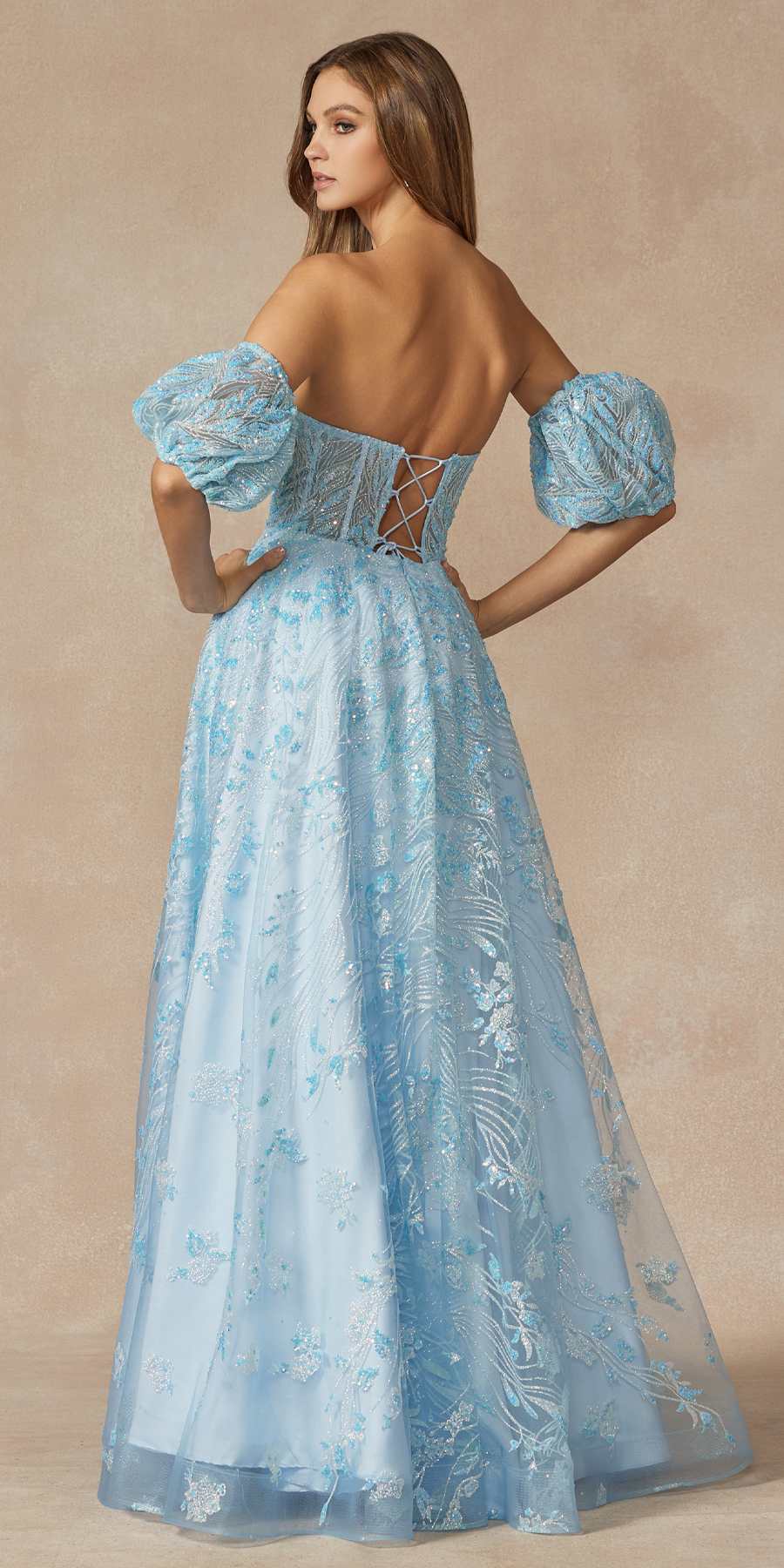 Juliet 2404 Strapless Sequin Tulle Ballgown Removable Puff Sleeves by DiscountDressShop