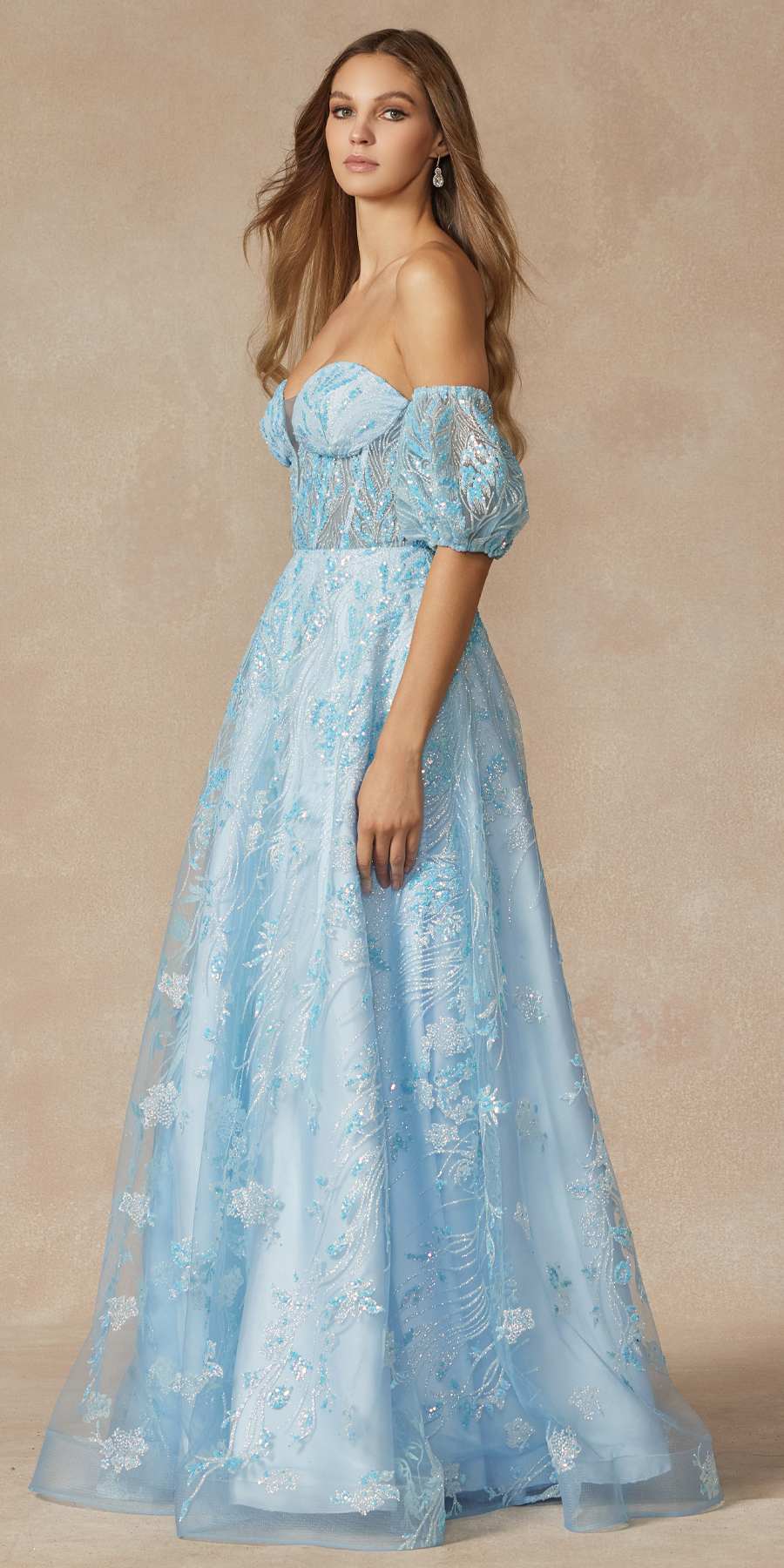 Juliet 2404 Strapless Sequin Tulle Ballgown Removable Puff Sleeves by DiscountDressShop