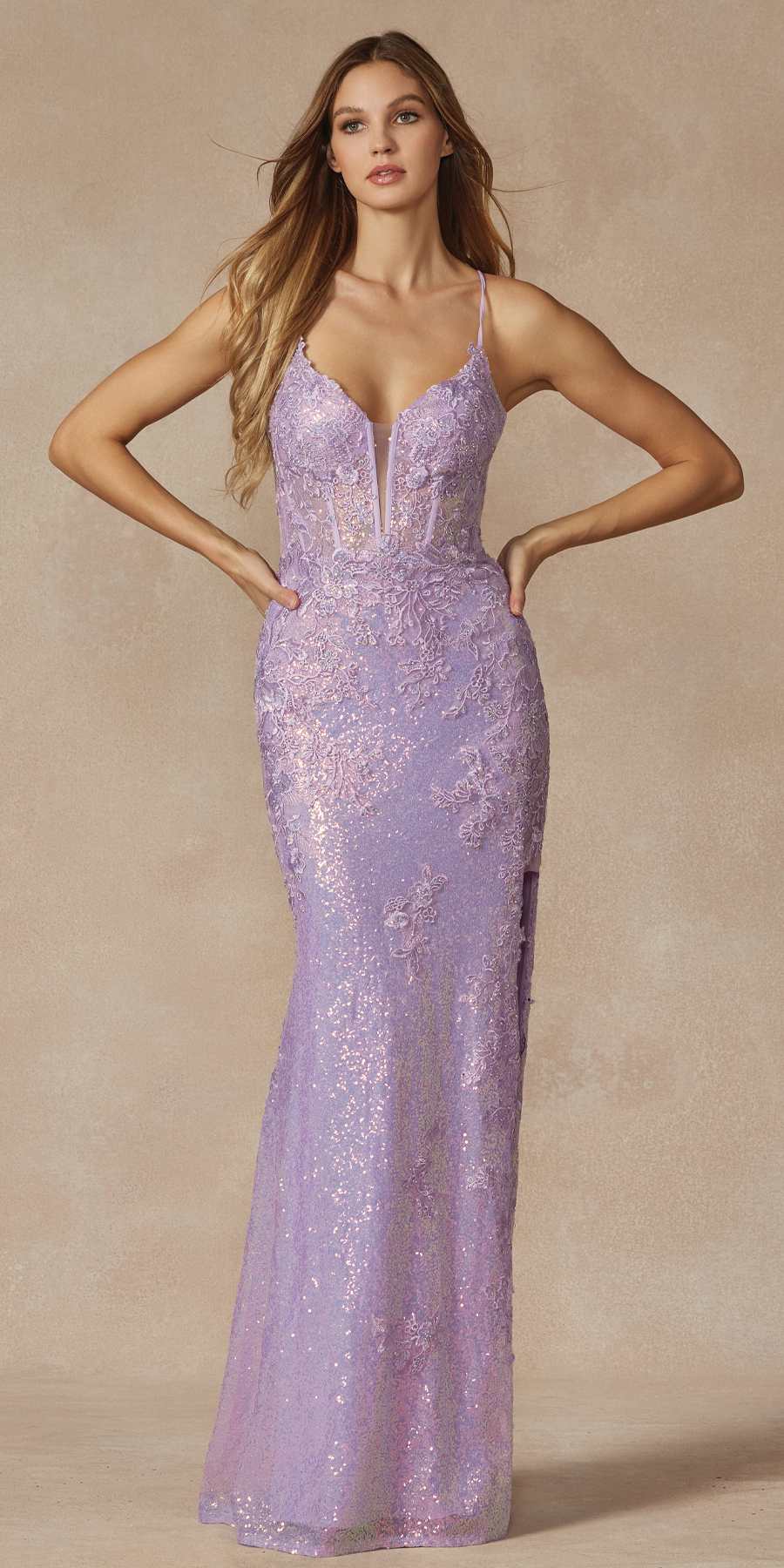 Juliet 2405 Machine Sequin Lace Embellishments High Slit Prom Gown by DiscountDressShop