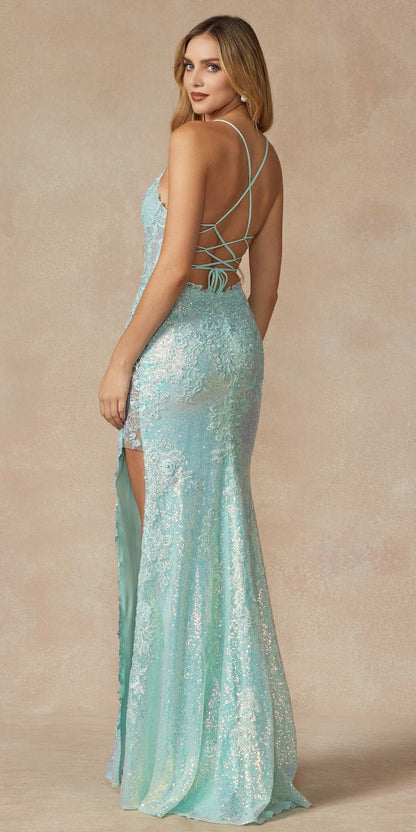 Juliet 2405 Machine Sequin Lace Embellishments High Slit Prom Gown by DiscountDressShop