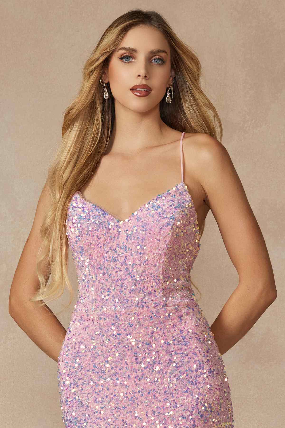 Juliet 2406 Velvet Sequin Fitted Gown V-Neckline Lace Up Back by DiscountDressShop