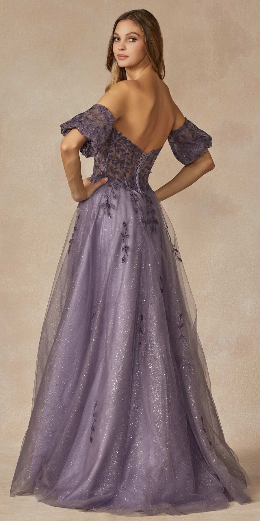 Juliet 2409 Floor Length A-Line Leaf Embroidered Gown Detachable Sleeves by DiscountDressShop