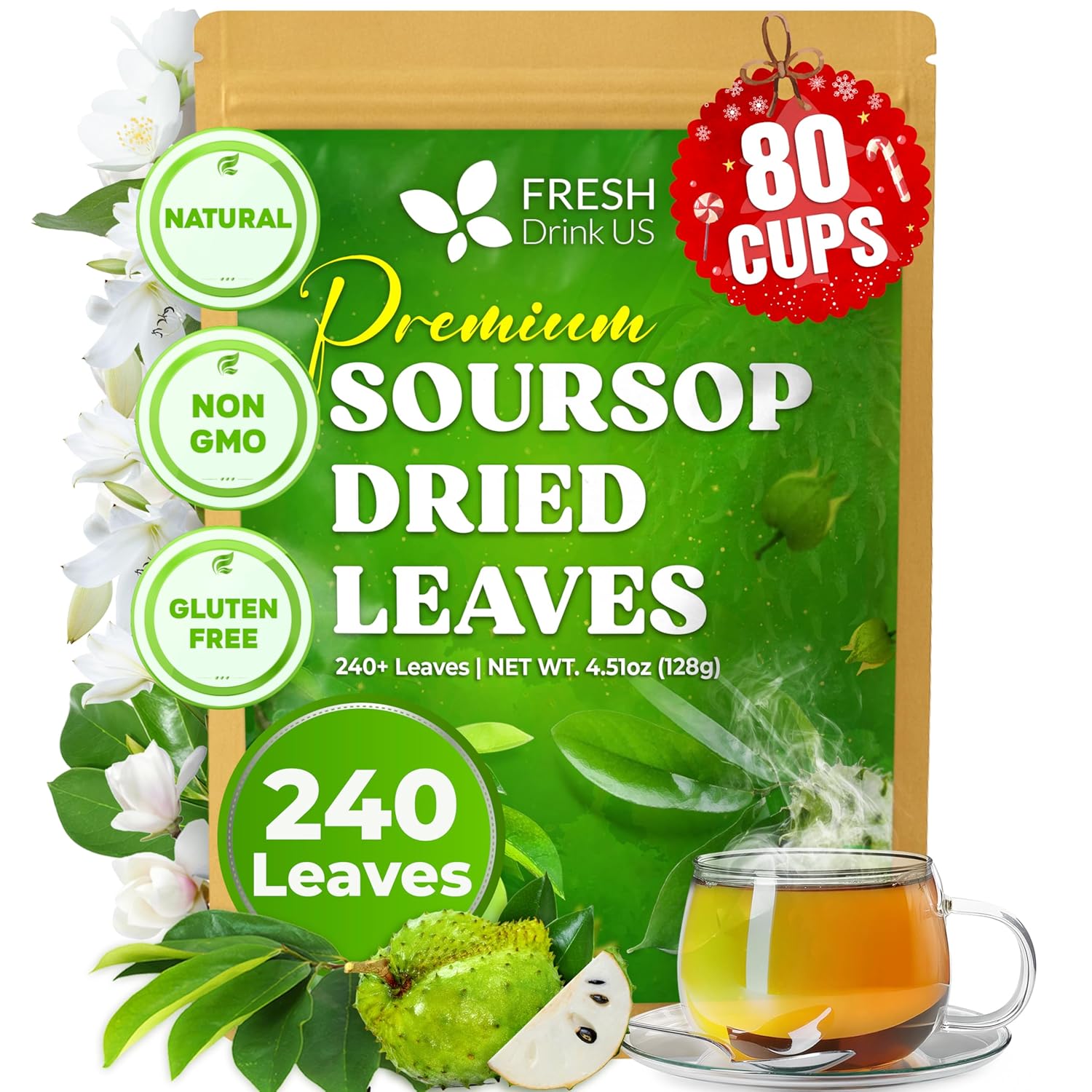 40 Premium Soursop Graviola Leaf Tea Bags, 100% Natural and Pure from Soursop Leaves, Handmade, Made With Natural Materials-Corn Fiber Tea Bag, Sugar/Caffeine/Gluten Free, Hoja Guanabana Tea by FreshDrinkUS - Natural and Premium Herbal Tea