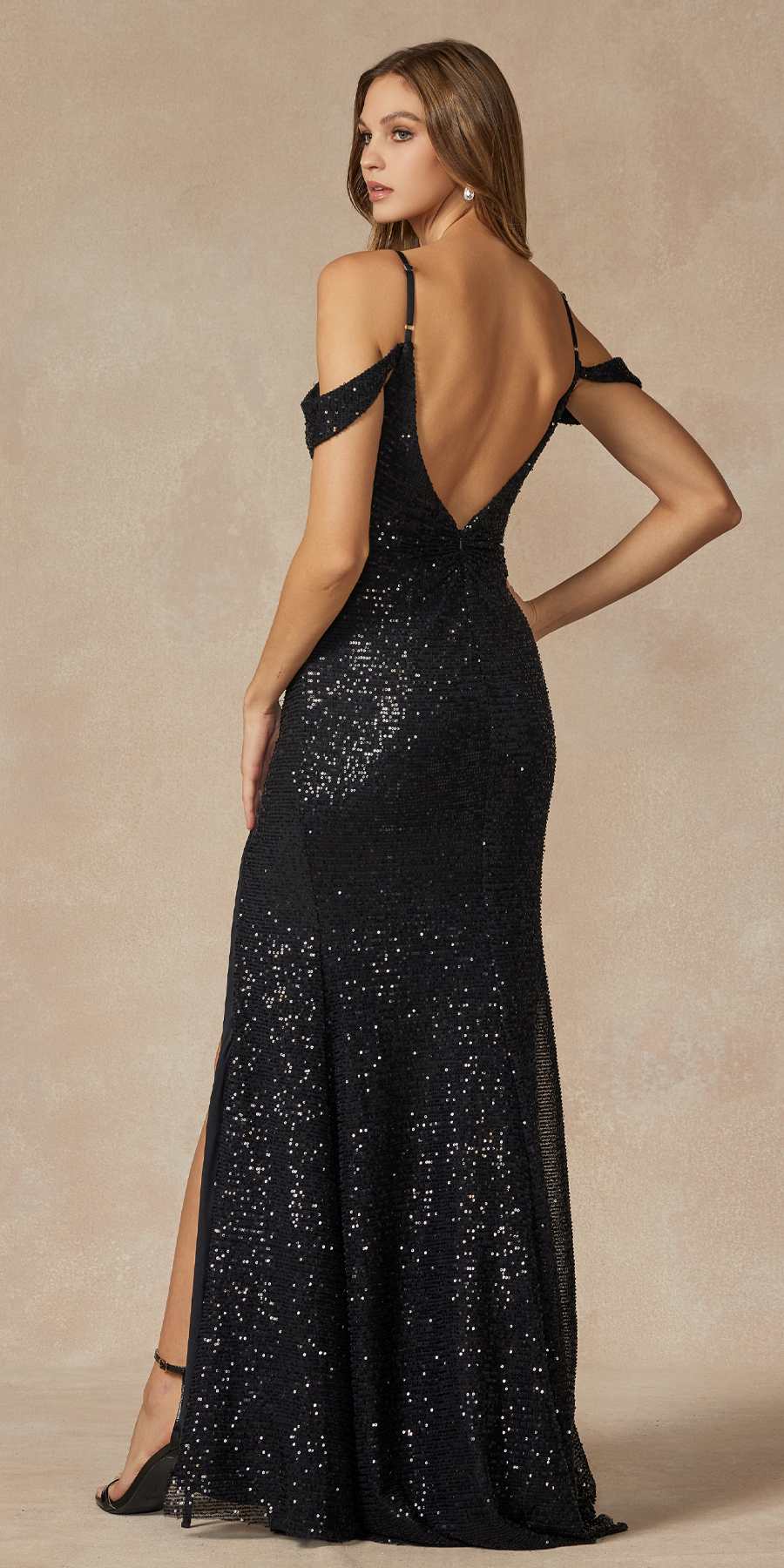 Juliet 2410 Long Off the Shoulder Sequin Gown with Skirt Slit by DiscountDressShop
