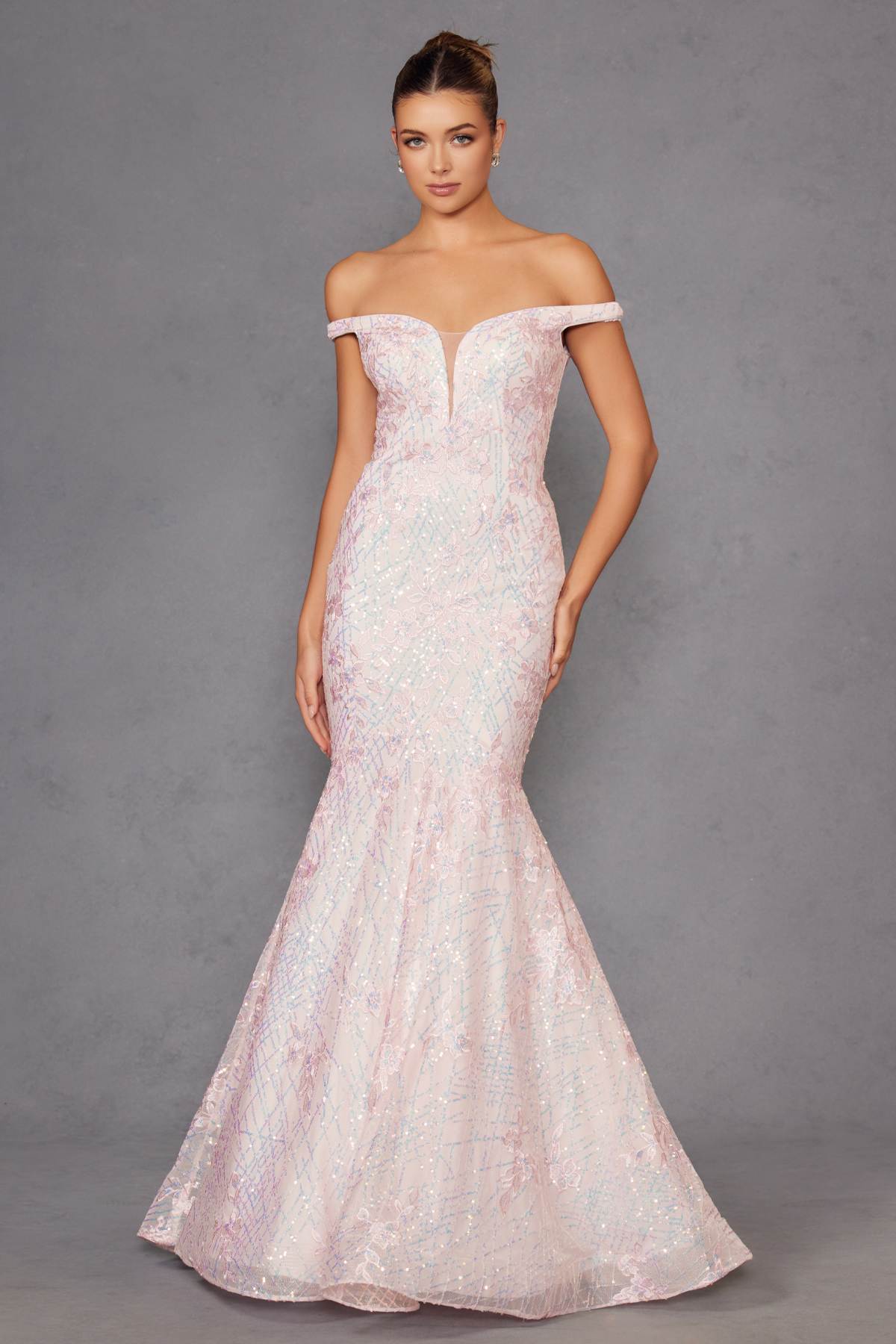 Juliet 2412 Mermaid Gown Plunging Deep V Illusion Neckline Off the Shoulder by DiscountDressShop