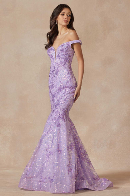 Juliet 2412 Mermaid Gown Plunging Deep V Illusion Neckline Off the Shoulder by DiscountDressShop
